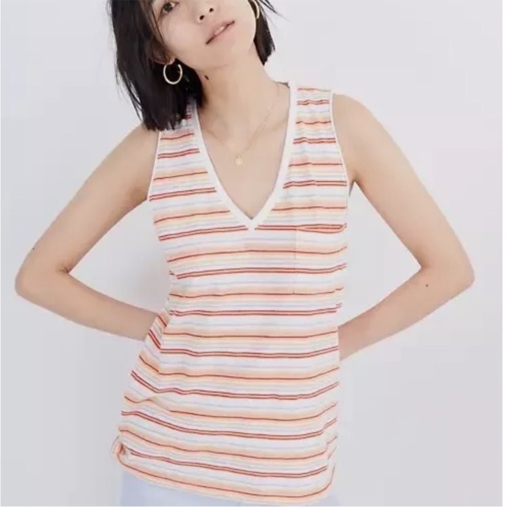 Madewell Whisper Cotton V-Neck Pocket Tank Fieldgate Stripe Size XXS